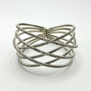Rhinestone Cuff Bracelet Silver Tone Memory Wire Lattice Criss Cross Bling